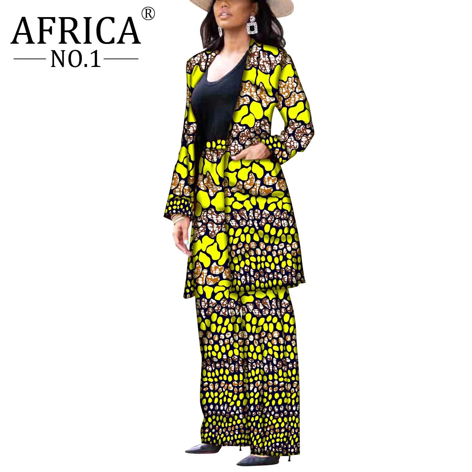 African Winter Suit for Women Long sleeves Coats and Pants 2 pieces Outfits Jacket Femme Robe Clothes Cotton Wax Print V2026004