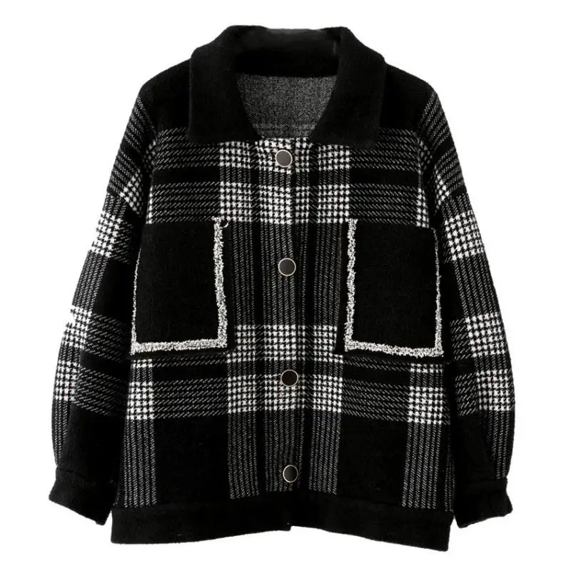 

Plaid Knitted Coat Women Korean Version of The New Autumn and Winter Knitted Wool-Like Loose Casual Jacket Women Short