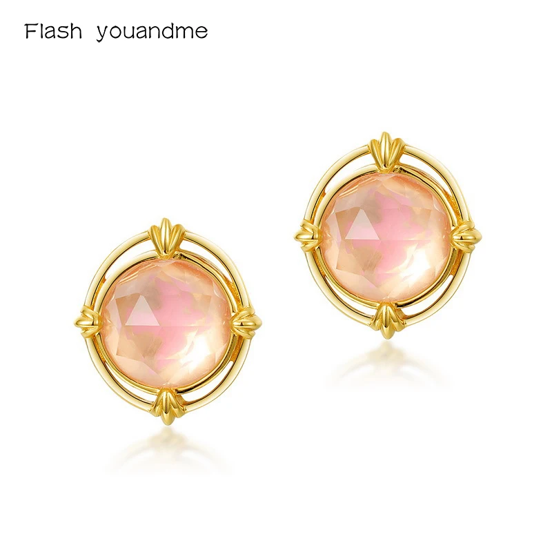 

100% 925 Sterling Silver Stud Earrings Natural Pink Crystal Earrings For Women Real Gold Plated Wedding Fine Jewelry Gift