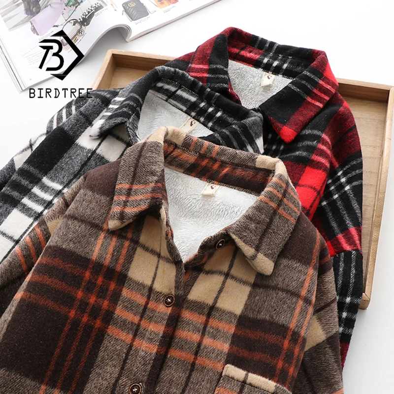 

Thicken Velvet Plaid Shirts Women Winter Autumn Keep Warm Blouses and Tops New Casual Loose Female Clothes Outwear T18707X