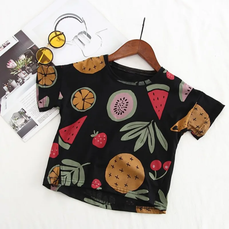Осенние футболки для маленьких девочек детские с фруктовым принтом Короткие
