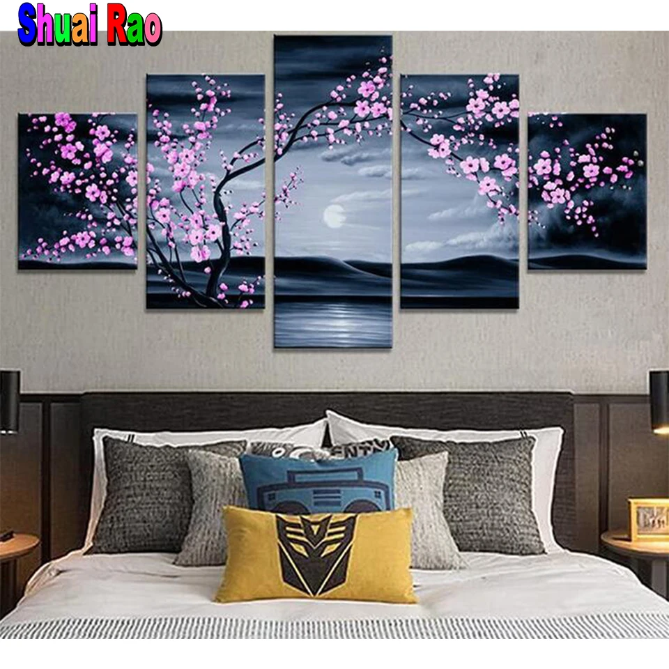 

5 Panel Still Life Cherry Blossom 5D diy diamond painting stitch mosaic full drill moonlight diamond embroidery home decor