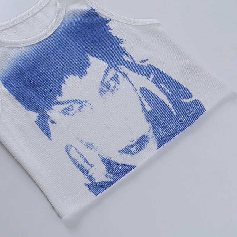 

Gothic Women Trendy Portrait Letter Printed Retro Tank Tops Summer Vest Female Round Neck Sleeveless Slim Crop Tops Streetwear