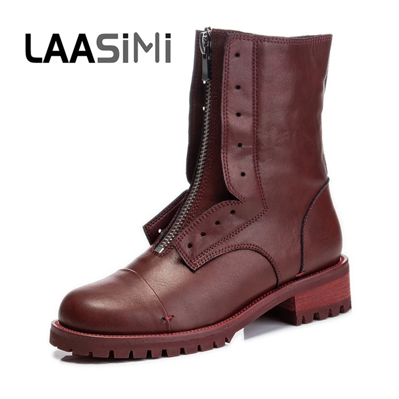 

LAASIMI женские новые повседневные зимние ботинки 2021 весенние модные ботинки из натуральной кожи на молнии женские резиновые мотоциклетные бо...