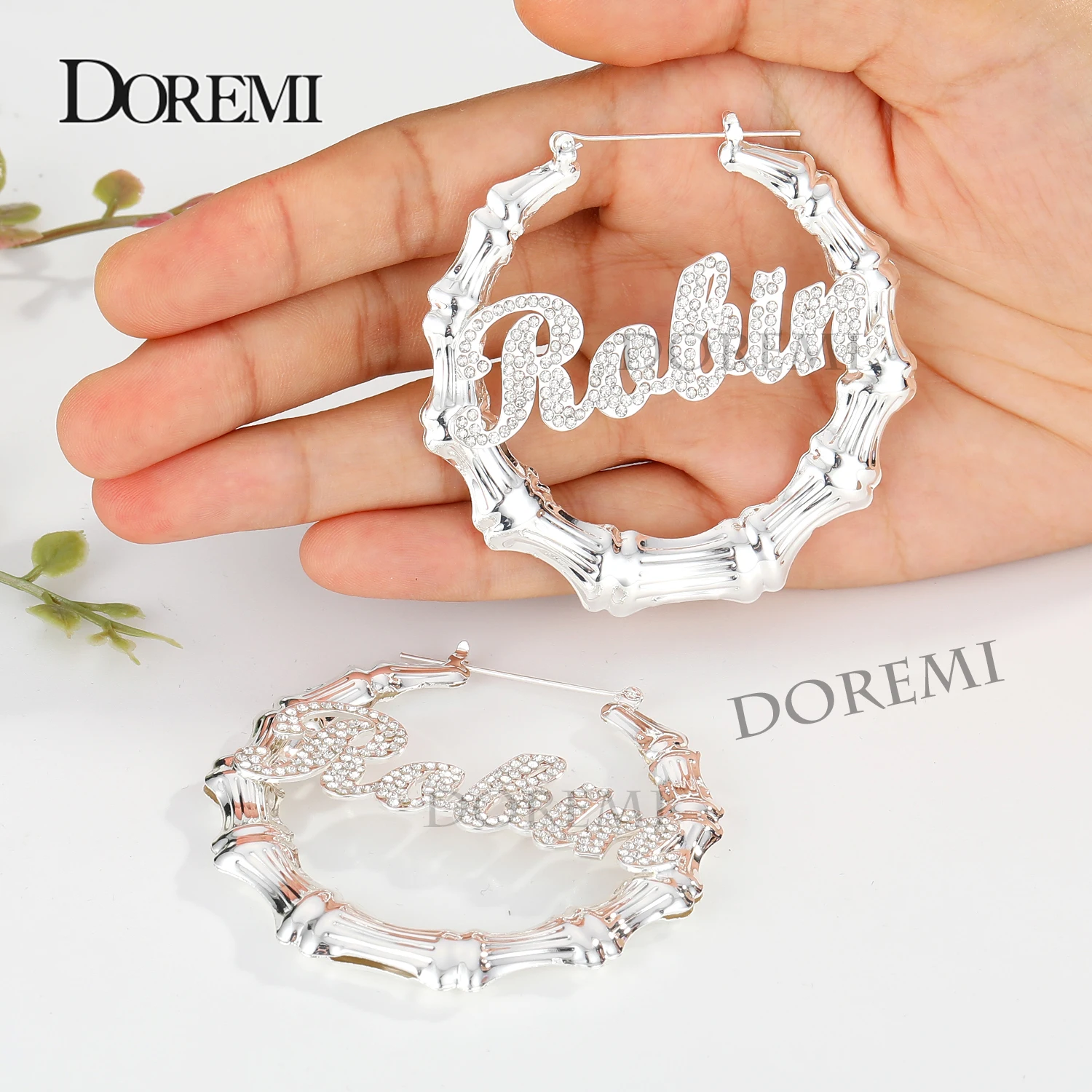 Серьги DOREMI из бамбука, украшения с именем под заказ, трапециевидные кольца с именами из бамбука, большие именные сережки с надписью, персонализированные, подарок для женщин - изображение