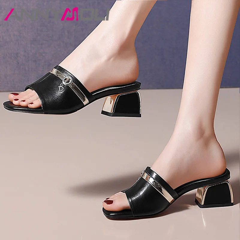 Meotina/Шлепанцы из натуральной кожи на высоком каблуке с кристаллами Женские