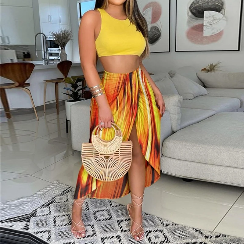 

Женский летний комплект из 2 предметов, короткий жилет без рукавов и длинная юбка с высокой талией