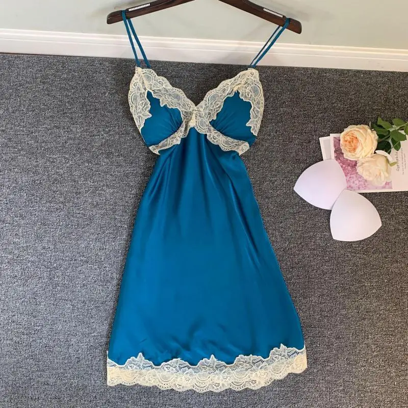 

Sexy Lace Women Spaghetti Sling Nightgown Intimate Lingerie Casual Home Clothing Nightdress Short Satin Nightwear Sleepwear