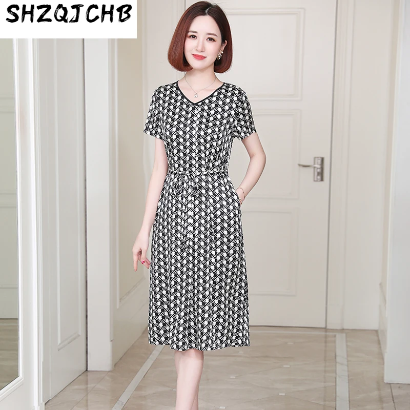 

SHZQ New High-end Silk Dress Plaid Mulberry Silk Skirt Lace Up Silk Summer