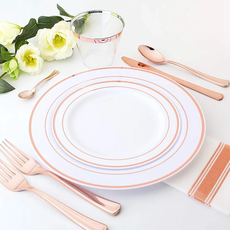 

60 Pieces Rose Gold Plastic Cups, 9 Oz Clear Plastic Cups with Rose Gold Rimmed, Wedding Party Disposable Plastic Cups - Rose Go