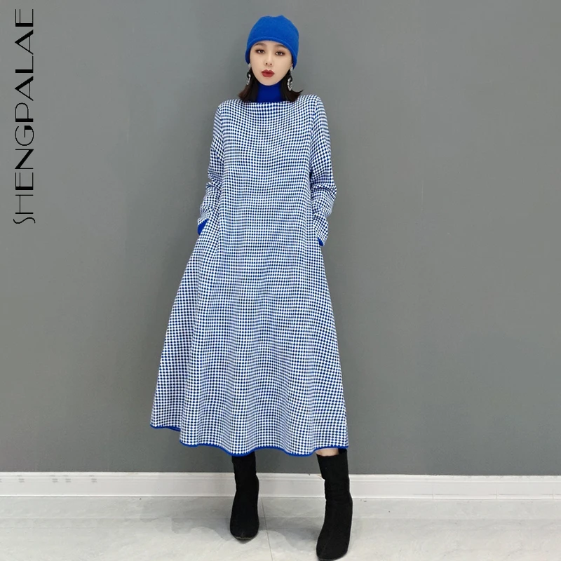 

SHENGPALAE fashion printed derss women's autumn 2021 new round neck loose long sleeve mid-calf dresses female