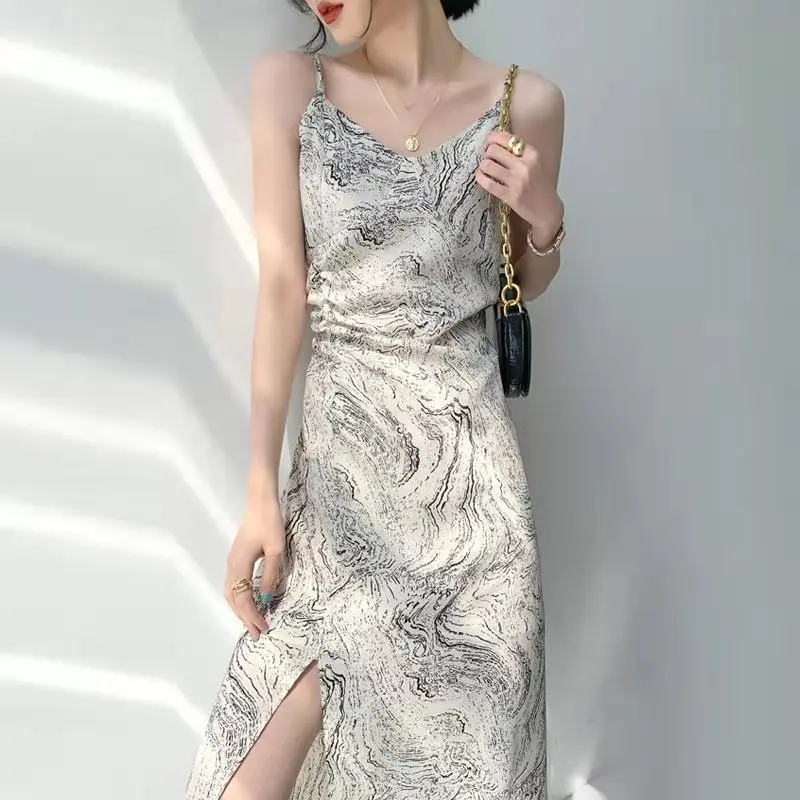 

Retro Summer Dress Fashion Women Clothing Sleeveless V Neck Casual Lady Dresses Side Split Printed Long Dress Robe Femme