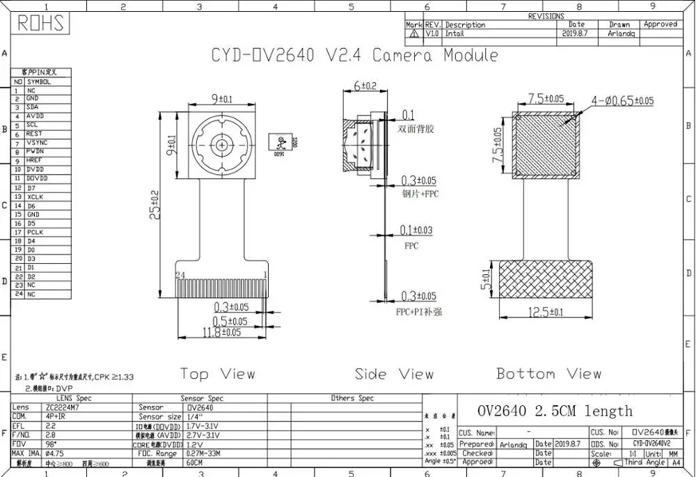 ESP32 MCU камера 2 миллиона пикселей OV2640 чип-камера Модуль 24PIN 100 градусов 160 градусов широкий угол 0,5 мм шаг 2,5 см длина