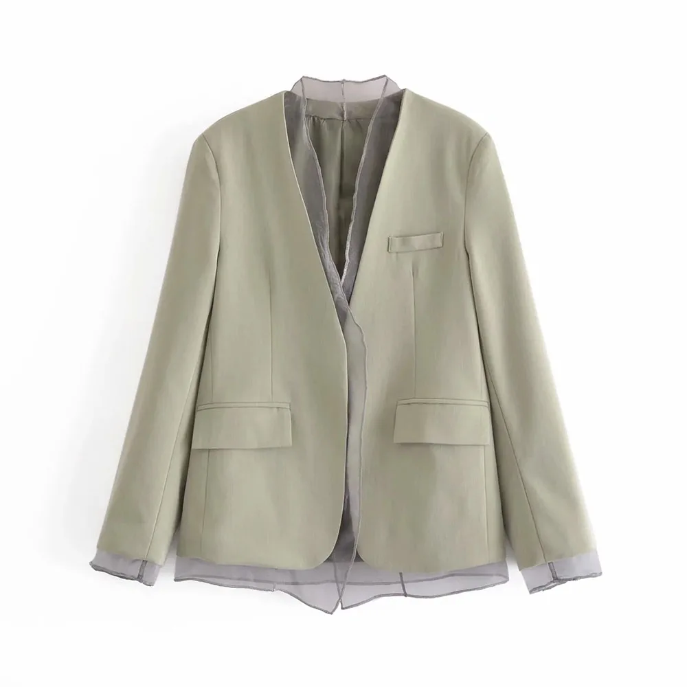

XIKOM 2021 Women Green V Neck mesh Pockets Loose Blazer Coat Female Office Lady Streetwear Vintage Chic Tops