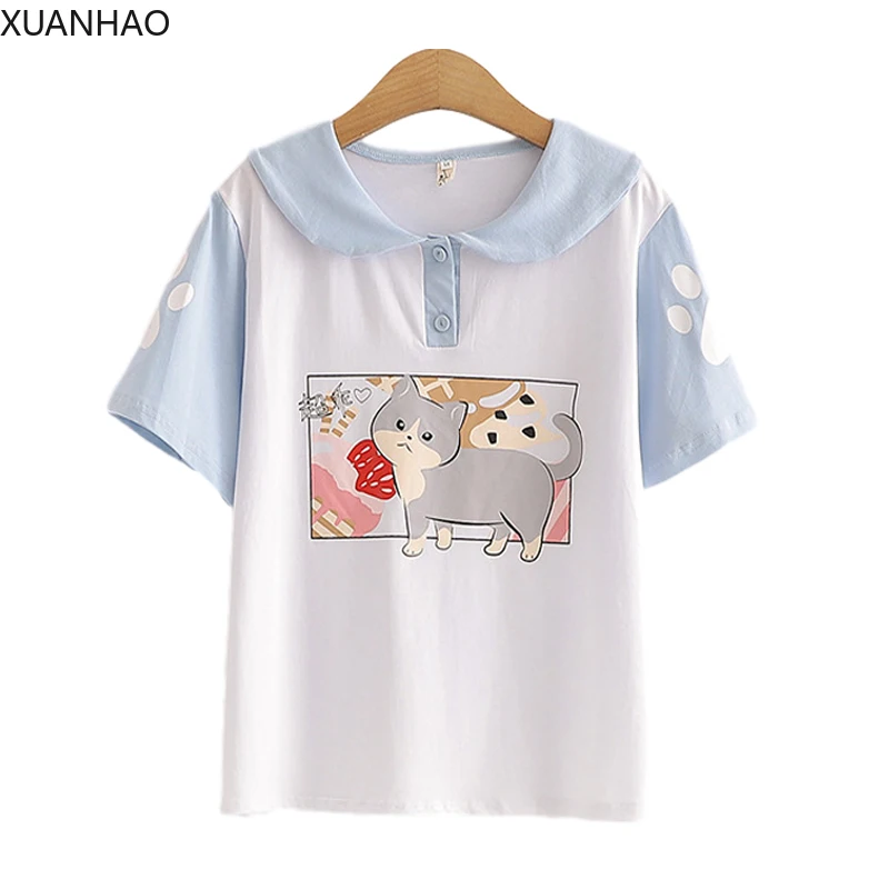 

XUANHAO Kawaii Cat, женская летняя футболка с комическим принтом в стиле аниме, женские милые топы, хлопковый топ с воротником в стиле Питера Пэна дл...