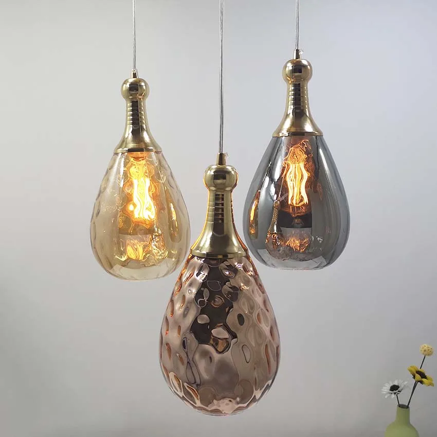 

Nordic water drops glass pendant lights gray amber copper color suspension lampe restaurant cafe bar vintage industrial lighting