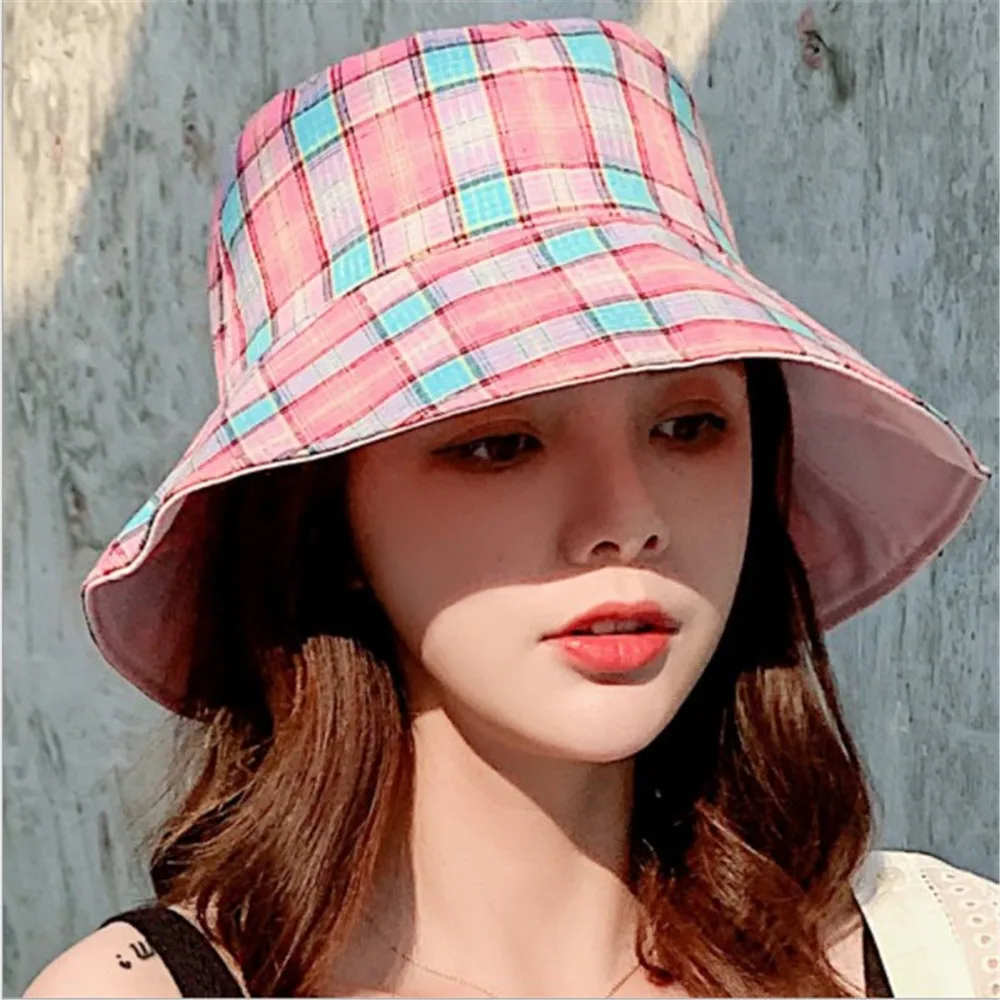 Корейская двухсторонняя Женская клетчатая шляпа в рыбацком стиле летняя уличная