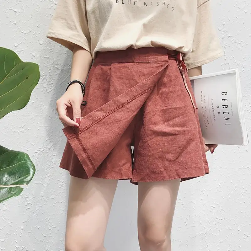 

Summer Women Cotton Linen Shorts Leisure Loose Fake 2-Piece Skirt Short Elastic Waist Casual Fashion Solid Big L-4XL
