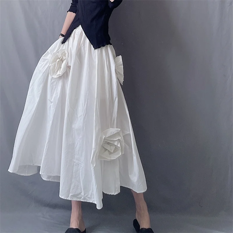 

Summer Women's Minimalist Elastic High Waist Handmade Three-dimensional Big Flower Niche Skirt A-line Big Swing Dress