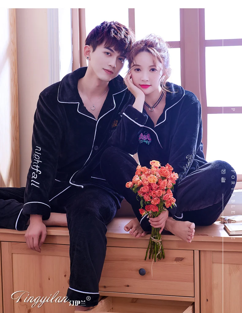 Зимний пижамный комплект для влюбленных, для мужчин и женщин, одежда с принтом короны, длинный рукав фланель, пара, домашний пижамный комплект, костюм