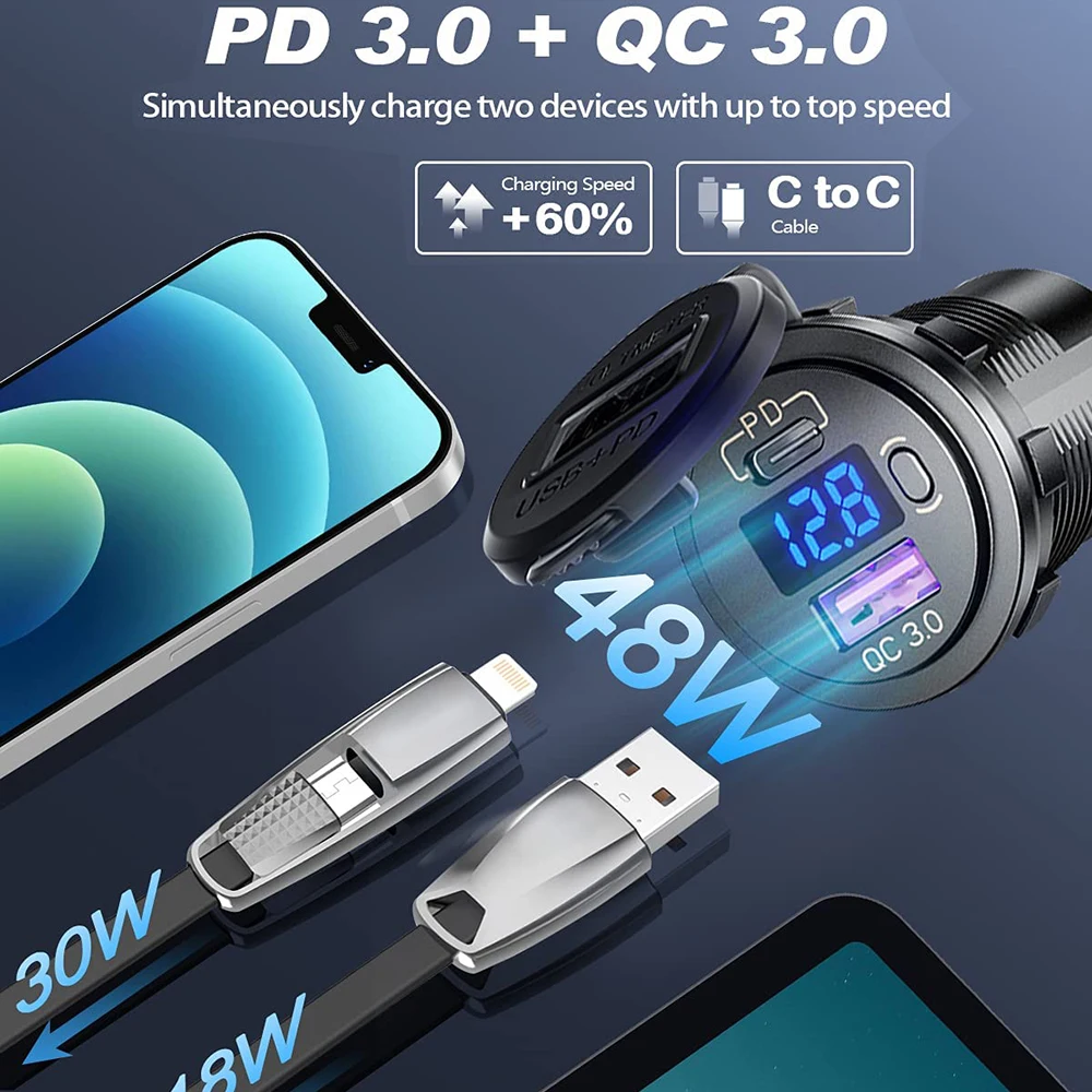Зарядное устройство ROXGOCT 48 Вт QC 3 0 + PD 12 В USB быстрая зарядка светодиодный вольтметр