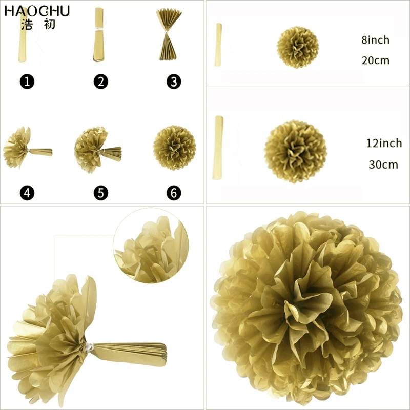 25pcs/set Gold White Round Hanging Paper Ball Lanterns Honeycomb Tissue Pom Poms Tassel Birthday Wedding Theme Party Decorations