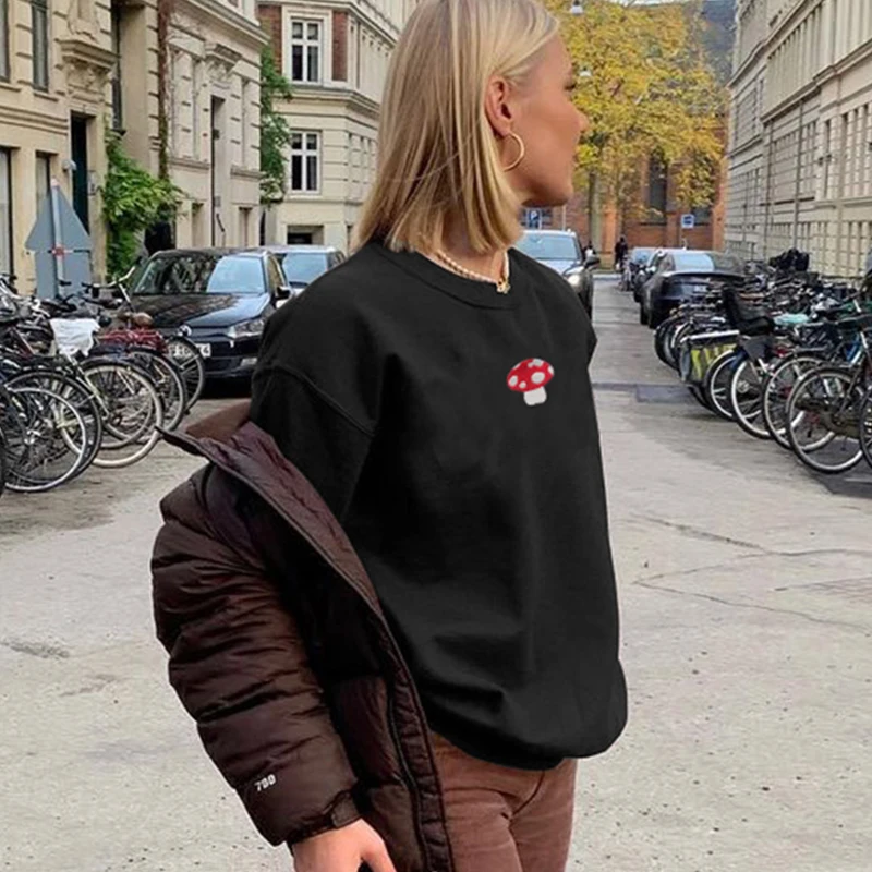 Fashion Streetwear For Women Sweatshirts Long Sleeve Crew Neck Brown Pullover Sweater 90s Y2K Aesthetic Graphic Mushroom Hoodies