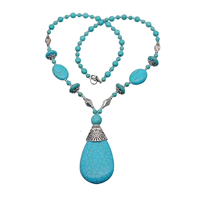 Bohemian Vintage Blue Stone Water Drop Pendant Necklaces Women Indian Boho Stone Bead Strand Necklace