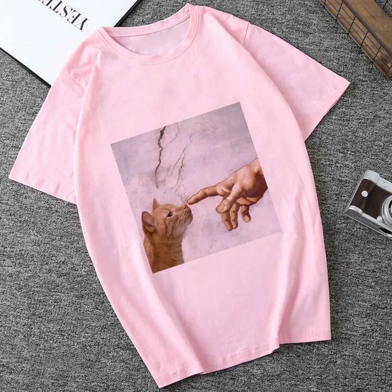 Summer New Casual Fashion Big Size Cartoon Art Spoof Fun Tops Tees Print Short-sleeved Michelangel Cute Cat Loose Female T-shirt | Женская