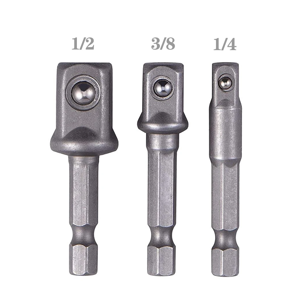 3PCS Hex Shank Wrench Drive Power Drill Socket Drill Adapter Socket Extension Drill Bit Adaptor 1/4" 3/8" 1/2" Screwdriver Tools