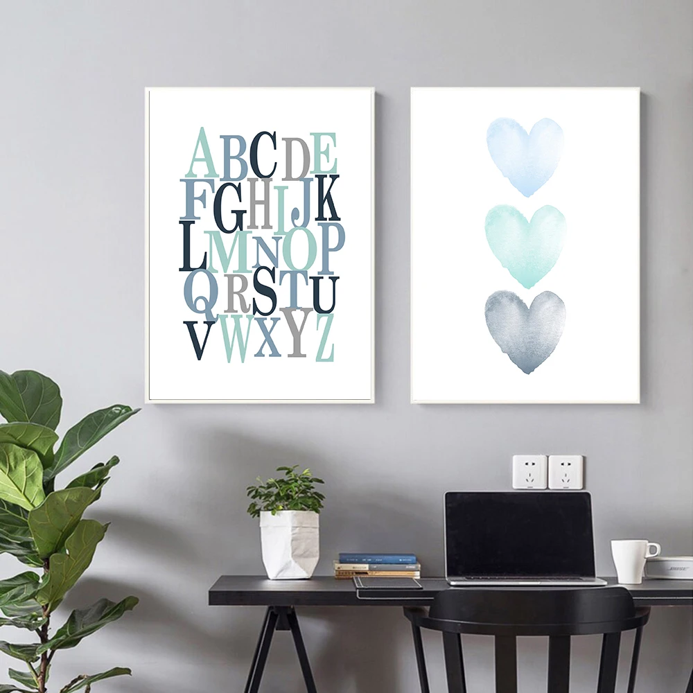 

Blue Watercolor Poster Hearts ABC Early Education Canvas Painting Baby Gift Art Print Nursery Wall Picture Living Bedroom Decor