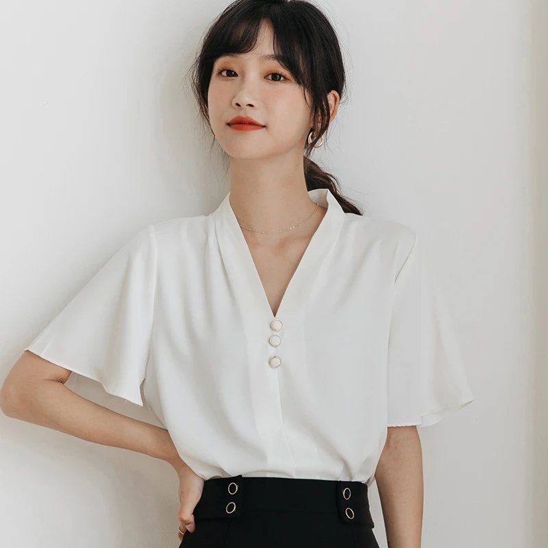 

2021 Summer Blouse Shirt for Women Fashion Short Sleeve V Neck Casual Office Lady White Shirts Tops Japan Korean Style Button Up