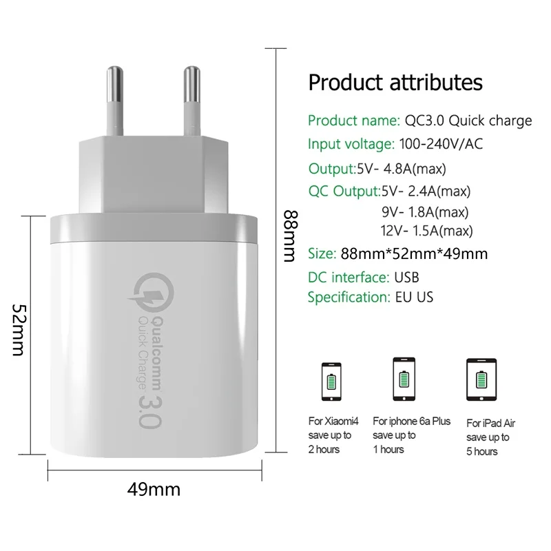 QC 3 0 USB настенное зарядное устройство порта для путешествий быстрое ЕС США