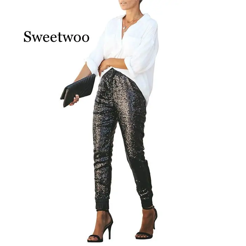 

Women Fashion Sequin Long Pencil Pants Elastic PU Leather High Waist Drawstring Black Party Ladies Trousers Streetwear Silver
