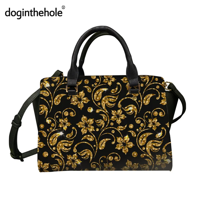 

Doginthehole Luxury Vintage Golden Floral Pattern Leather Totes Bag For Women Fashion European Flower Travel Big Crossbags Bolso