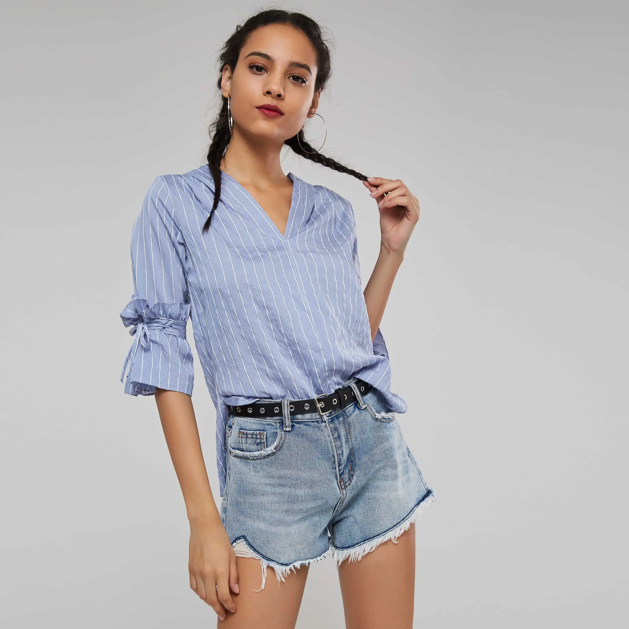 Блузка женская в полоску с расклешенными рукавами офисный Повседневный