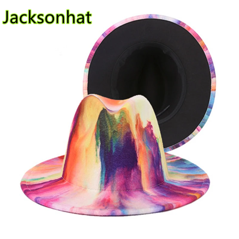 

2021 new women's tie-dye fedora hat with wide brim straight side tie-dye jazz top hat autumn winter British retro big brim hat