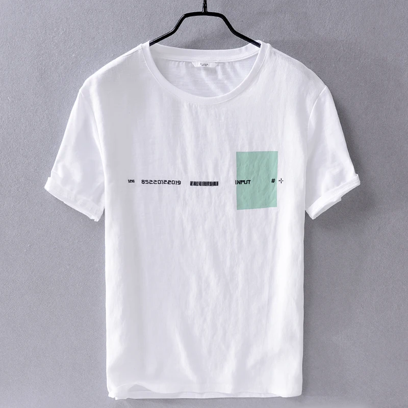 

Мужская хлопковая футболка с коротким рукавом, белая свободная дышащая футболка из льна, брендовая футболка белого цвета, лето 2019
