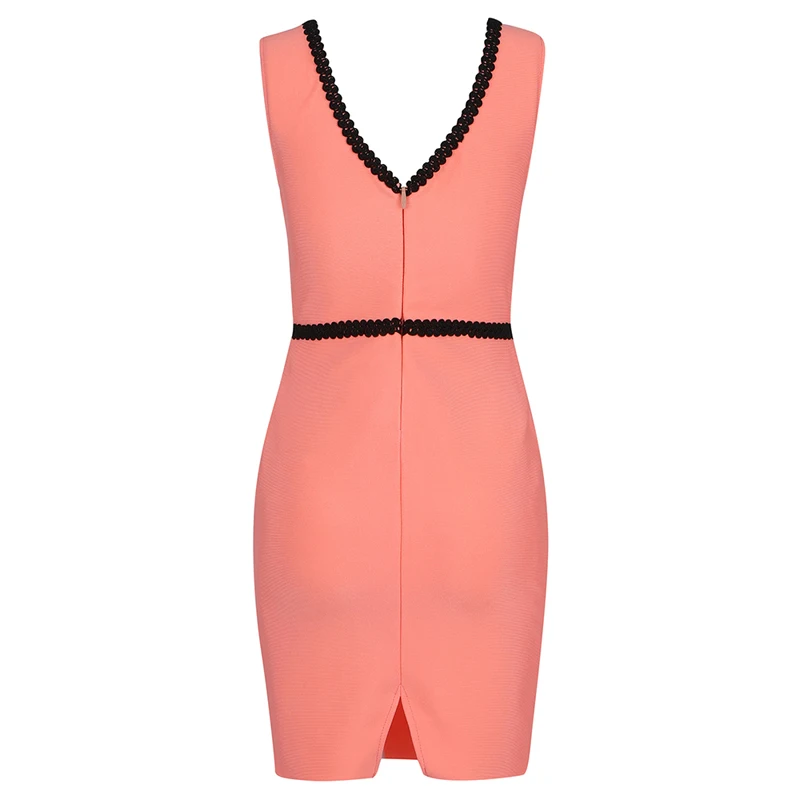 

Free Shipping Wholesale Women's Dress Pink V-Neck Beaded Stretch Knit Sexy Celebrity Cocktail Party Bandage Dress