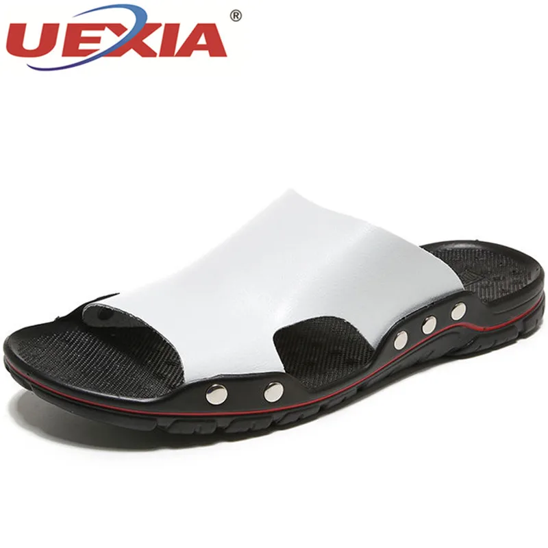

Fashino Leather Shoes Men Sandals Flip Flops Casual Classic Massage Beach Slippers Anti-slip Summer Trendy Outdoor Beach Rivets