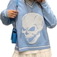 Women Long Sleeve V-Neck Sweater Striped Skull Pattern Blue Loose Knitwear Tops