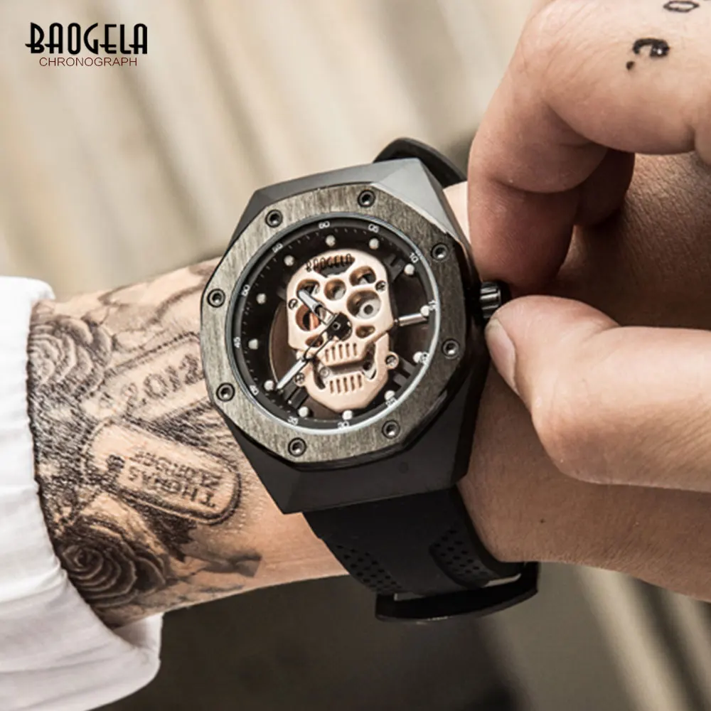 BAOGELA Men's Skull Quartz Watches Luxury Military Sports Wristwatch Male Silicone Skeleton Watch Relogios Masculino 1902 | Наручные