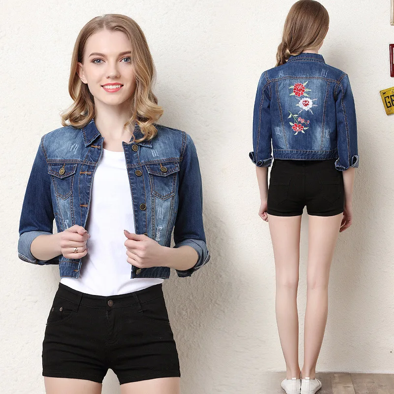 Короткая джинсовая куртка женские весенние куртки Модная Джинсовая с вышивкой