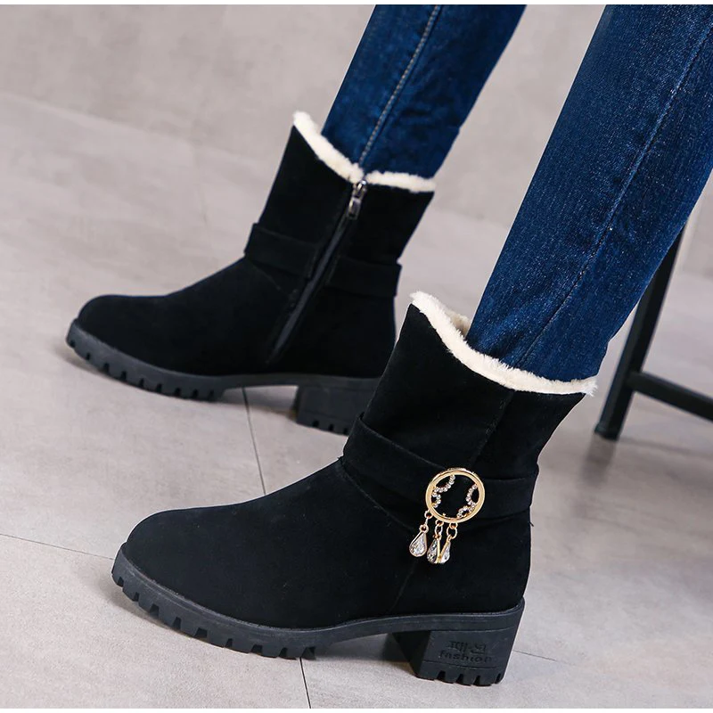 

New Women Ankle Boots Winter Mid-Heel Ladies Snow Boots Thicken Plush Warm Zipper High Top Cotton Shoes Female Short Boots