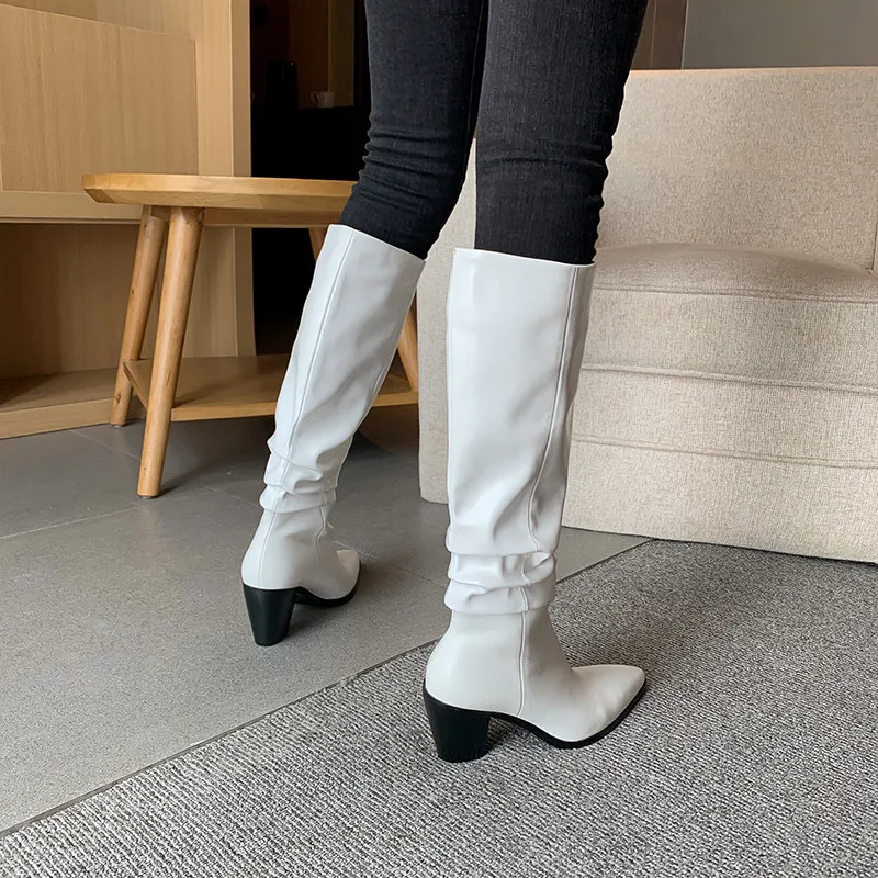 

Asumer 2020 top quality genuine leather +pu Western boots woman high heel casual shoes pointed toe pleated knee high boots women