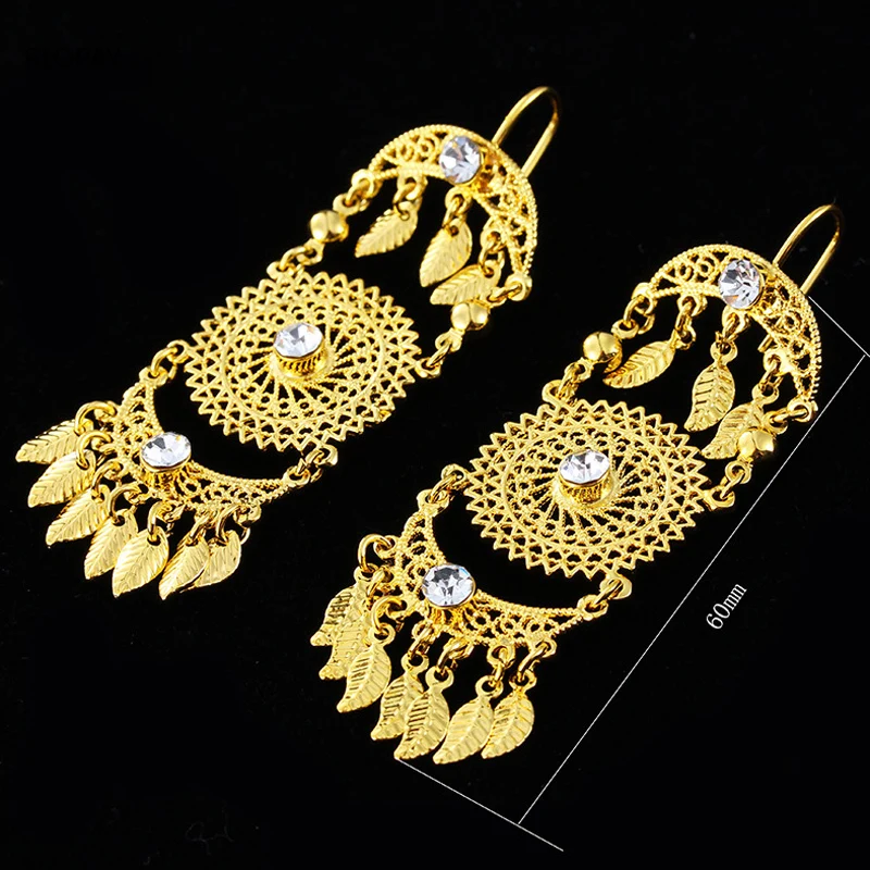 

Arab fashion large leaf earrings for women French hook gold bride Rhinestone tassel gold women fashion earrings for Indian bride