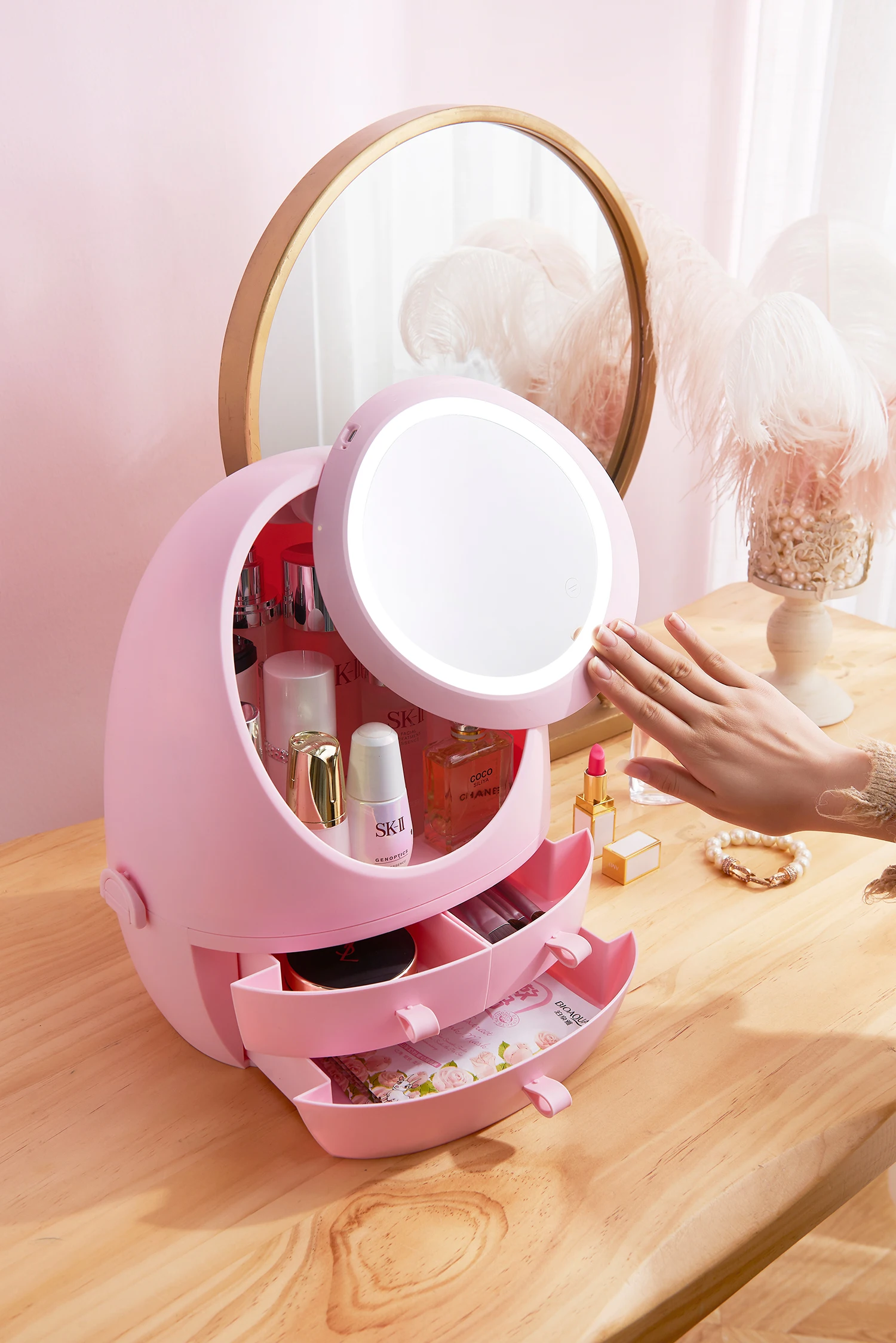 Новейший светодиодный ящик для хранения косметики с зеркальной головкой розовые