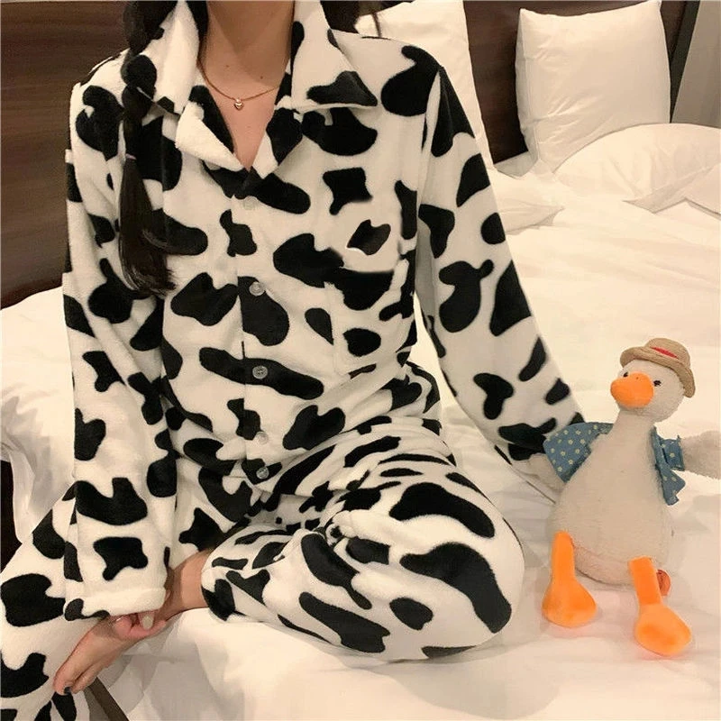 

Autumn Velvet Cow Print Pajama Woman Winter Warm Two Piece Set Sleepwear Pyjama Pour Femme Lounge Wear Trouser Suits Thicken New