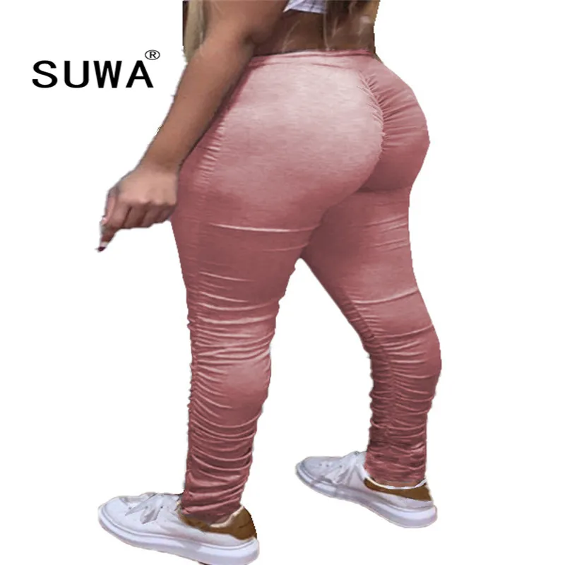 

Женские леггинсы с высокой талией, повседневные эластичные штаны с оборками и высокой талией, спортивные штаны для бега с драпировкой