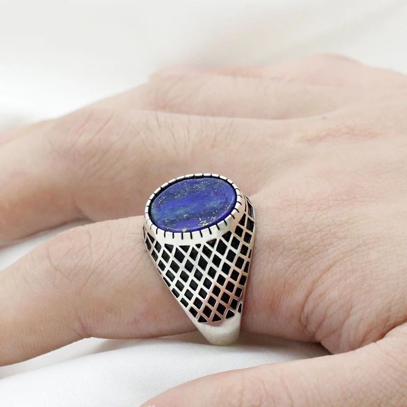 

Lapis Stone Ring for Men Vintage Sterling Silver 925 Blue Gemstone Geometric Grid Design Retro Rings Turkish Handmade Jewelry